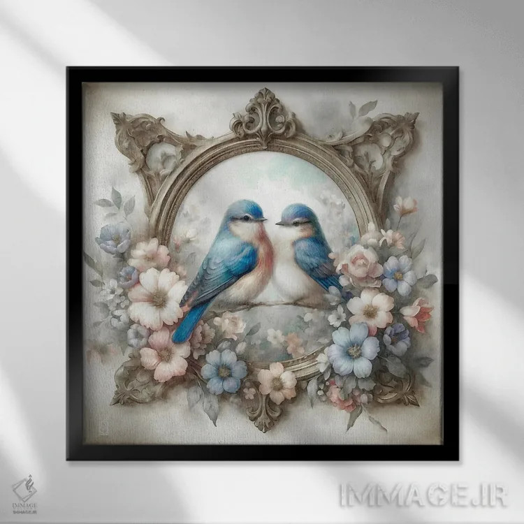 تابلو دکوراتیو پرندگان آبی و گل های کلبه اثر کاترینا جونز - نمای قابدار مشکی