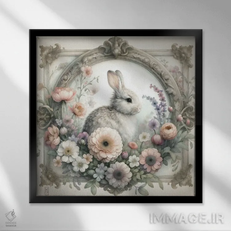 تابلو دکوراتیو خرگوش و گل های کلبه اثر کاترینا جونز - نمای قابدار مشکی
