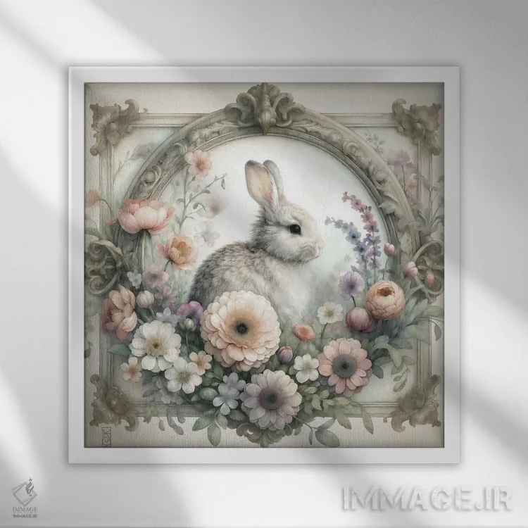 تابلو دکوراتیو خرگوش و گل های کلبه اثر کاترینا جونز - نمای قابدار سفید
