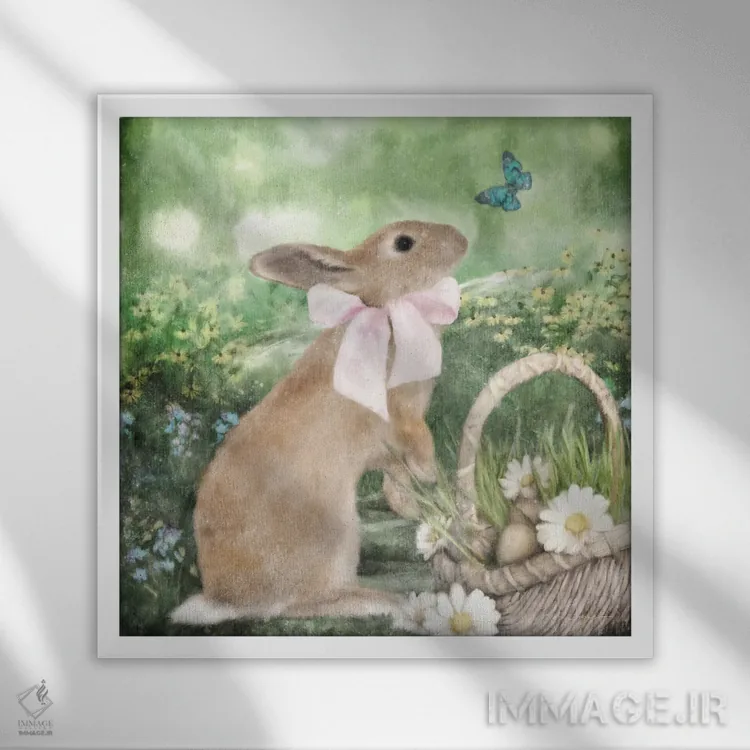 تابلو دکوراتیو خرگوش بهاری و سبد اثر کاترینا جونز - نمای قابدار سفید