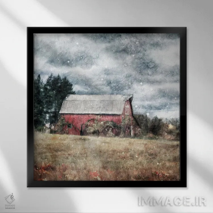 تابلو دکوراتیو اولین برف در مزرعه اثر کاترینا جونز - نمای قابدار مشکی