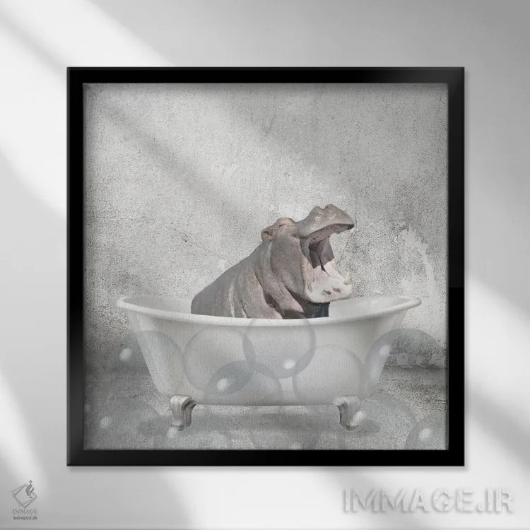 تابلو دکوراتیو حمام اسب آبی کوچولو اثر کیمبرلی آلن - نمای قابدار مشکی