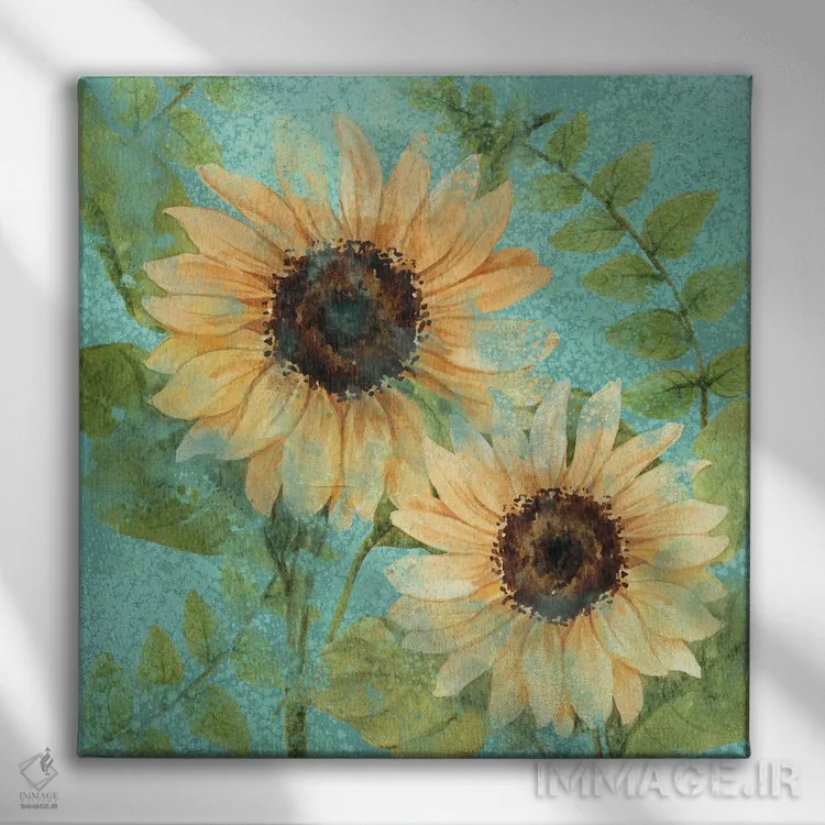 تابلو دکوراتیو آفتابگردان سبز آبی اثر کیمبرلی آلن - نمای روبهرو روی دیوار