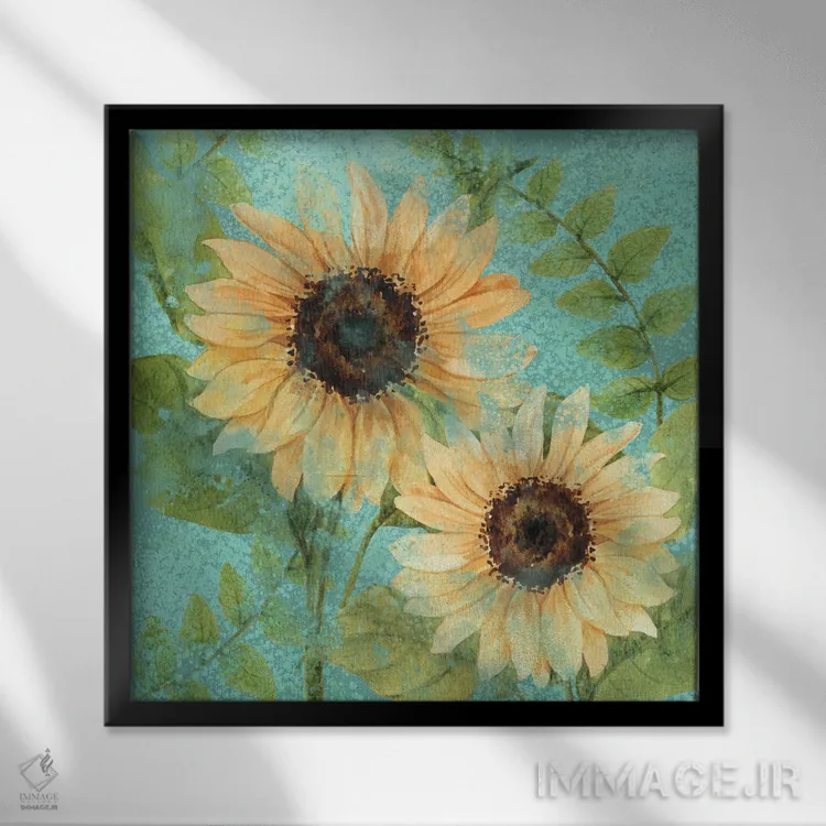 تابلو دکوراتیو آفتابگردان سبز آبی اثر کیمبرلی آلن - نمای قابدار مشکی