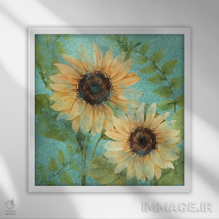 تابلو دکوراتیو آفتابگردان سبز آبی اثر کیمبرلی آلن - نمای قابدار سفید
