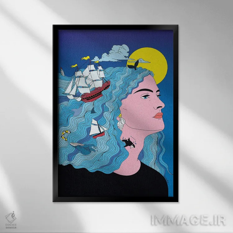 تابلو دکوراتیو ذهنم در دریاست اثر کازمو - نمای قابدار مشکی