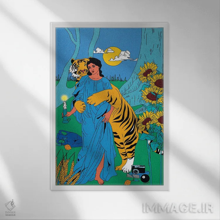 تابلو دکوراتیو ببر ببر اثر کازمو - نمای قابدار سفید