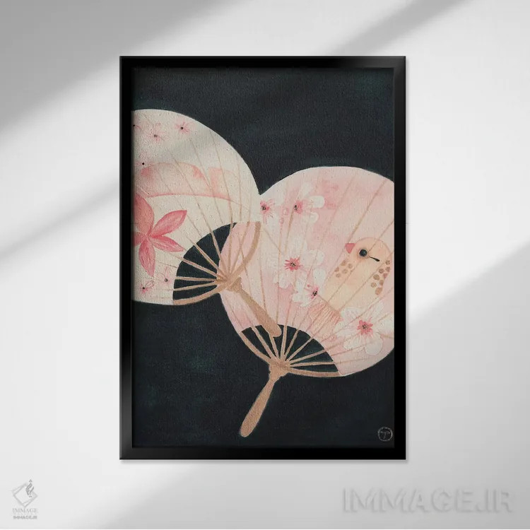 تابلو مینیمال دو بادبزن کاغذی اثر کریتینگ تارین - نمای قابدار مشکی