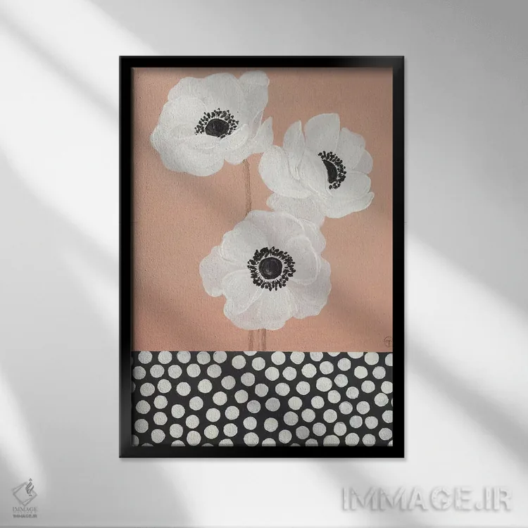 تابلو دکوراتیو شقایق های فرانسوی کاراملی با خال خالی اثر کریتینگ تارین - نمای قابدار مشکی