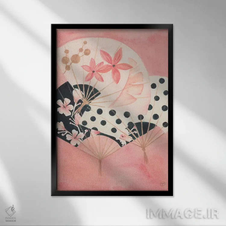 تابلو دکوراتیو سه بادبزن کاغذی اثر کریتینگ تارین - نمای قابدار مشکی