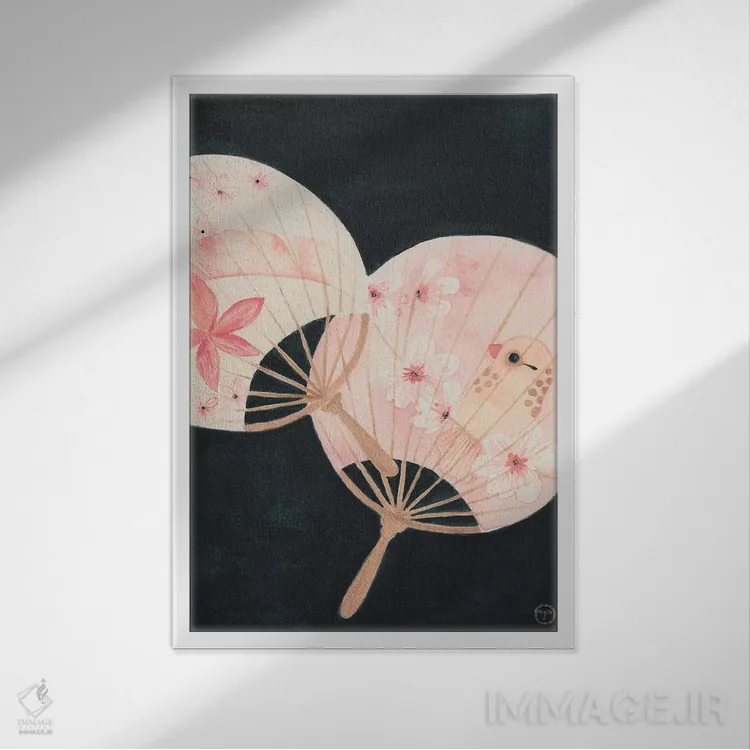 تابلو مینیمال دو بادبزن کاغذی اثر کریتینگ تارین - نمای قابدار سفید