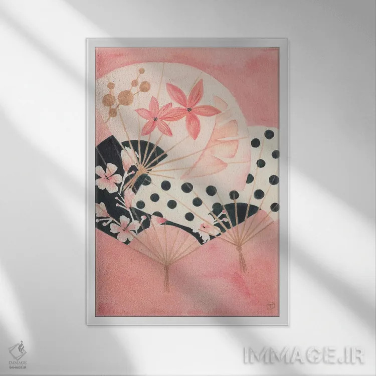 تابلو دکوراتیو سه بادبزن کاغذی اثر کریتینگ تارین - نمای قابدار سفید