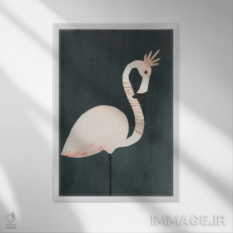 تابلو مینیمال فلامینگو و تاج اثر کریتینگ تارین - نمای قابدار سفید