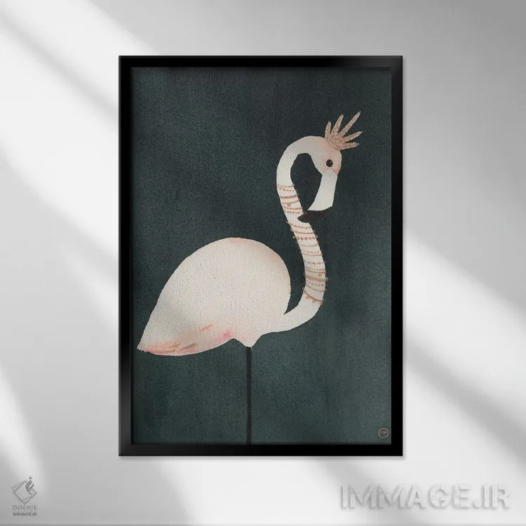 تابلو مینیمال فلامینگو و تاج اثر کریتینگ تارین - نمای قابدار مشکی