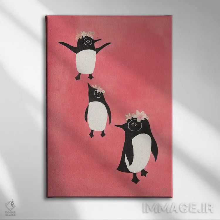 تابلو دکوراتیو سه پنگوئن اثر کریتینگ تارین - نمای روبهرو روی دیوار