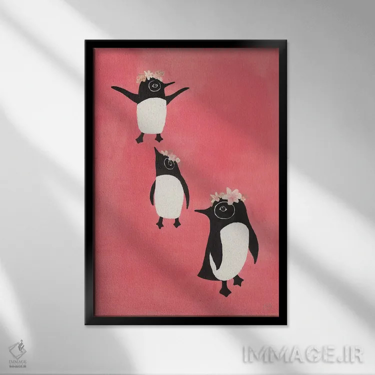 تابلو دکوراتیو سه پنگوئن اثر کریتینگ تارین - نمای قابدار مشکی