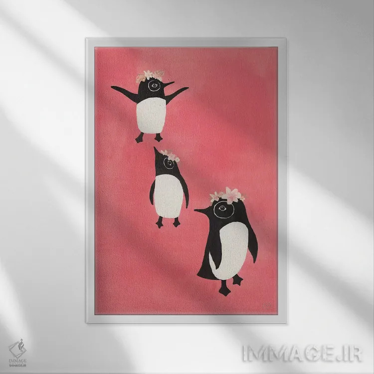 تابلو دکوراتیو سه پنگوئن اثر کریتینگ تارین - نمای قابدار سفید