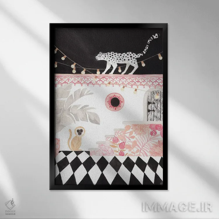 تابلو دکوراتیو کاغذ پلنگ و میمون اثر کریتینگ تارین - نمای قابدار مشکی