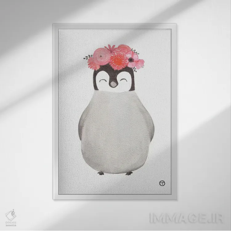 تابلو دکوراتیو کاغذ پنگوئن اثر کریتینگ تارین - نمای قابدار سفید