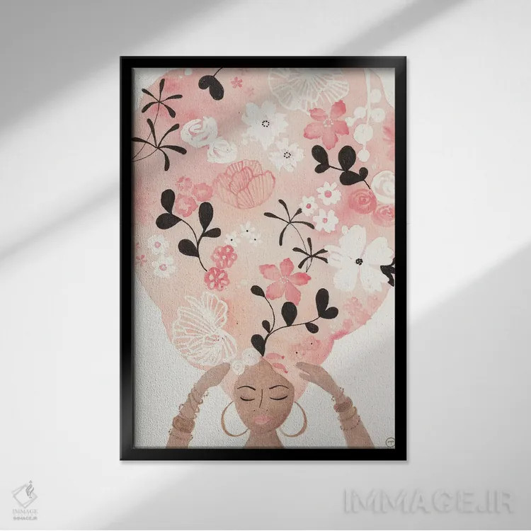 تابلو دکوراتیو موی گل صورتی اثر کریتینگ تارین - نمای قابدار مشکی