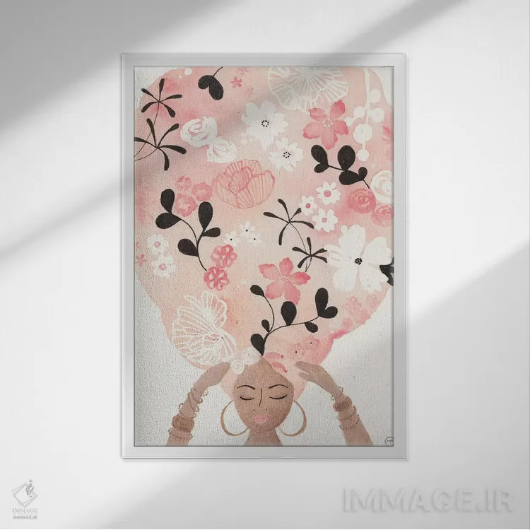 تابلو دکوراتیو موی گل صورتی اثر کریتینگ تارین - نمای قابدار سفید