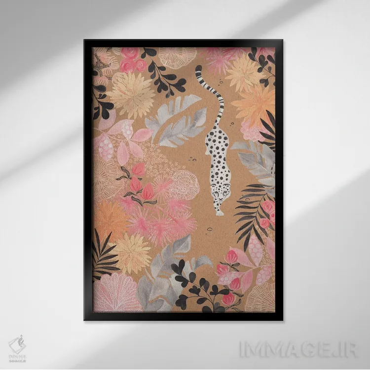 تابلو دکوراتیو کاغذ کرافت پلنگ در حال کمین اثر کریتینگ تارین - نمای قابدار مشکی