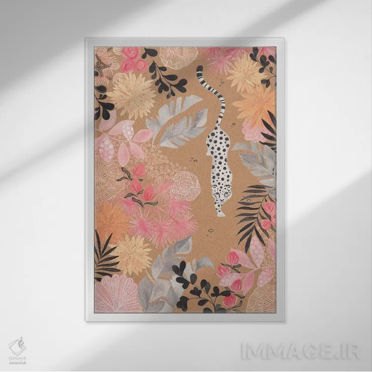 تابلو دکوراتیو کاغذ کرافت پلنگ در حال کمین اثر کریتینگ تارین - نمای قابدار سفید