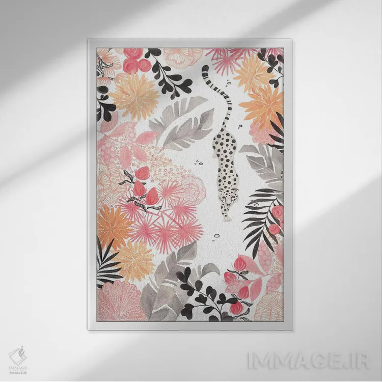 تابلو دکوراتیو کاغذ پلنگ در حال کمین با زمینه کاملا سفید اثر کریتینگ تارین - نمای قابدار سفید