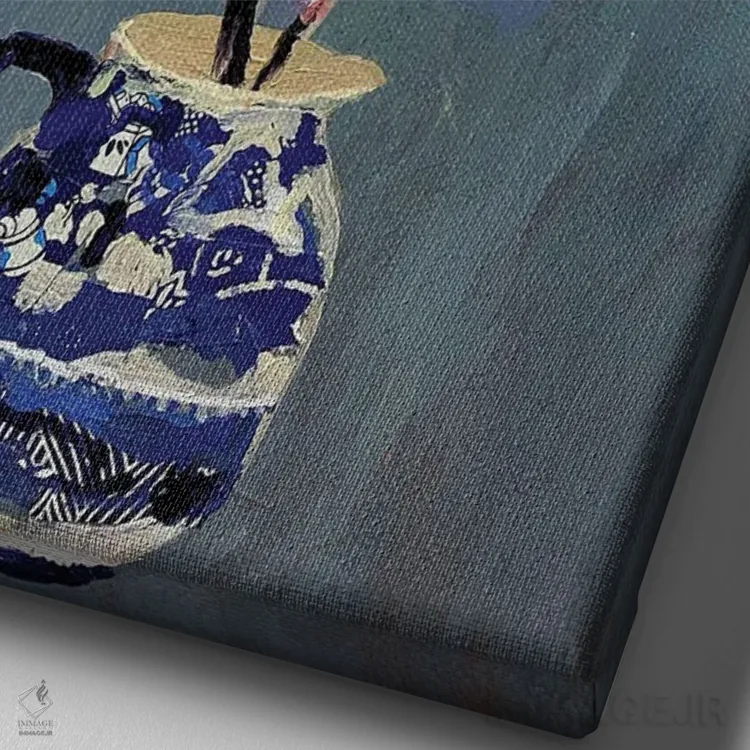 تابلو مدرن ویبرنوم در پارچ بید آبی اثر شارلوت هاردی - نمای نزدیک بافت بوم