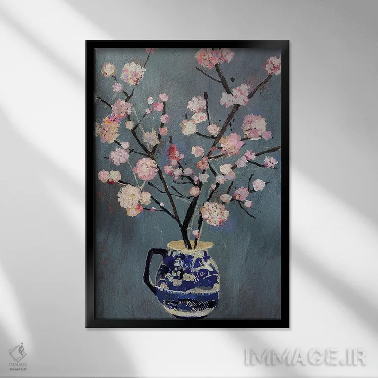 تابلو مدرن ویبرنوم در پارچ بید آبی اثر شارلوت هاردی - نمای قابدار مشکی