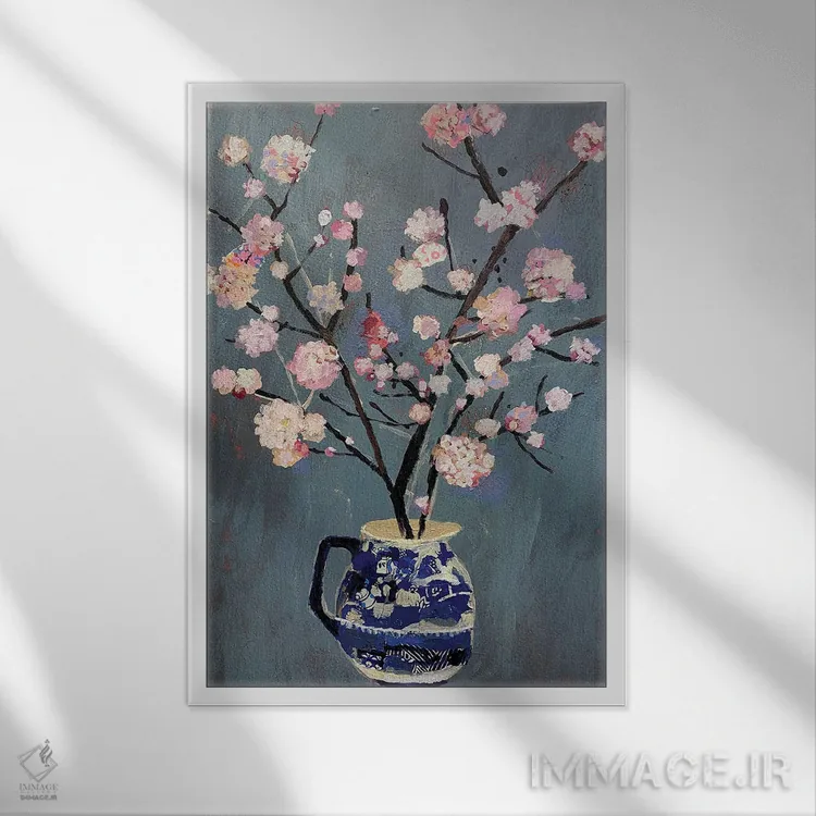 تابلو مدرن ویبرنوم در پارچ بید آبی اثر شارلوت هاردی - نمای قابدار سفید