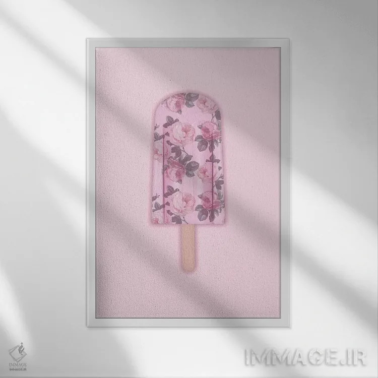 تابلو مینیمال بستنی یخی گل دار اثر امانوئلا کاراتونی - نمای قابدار سفید