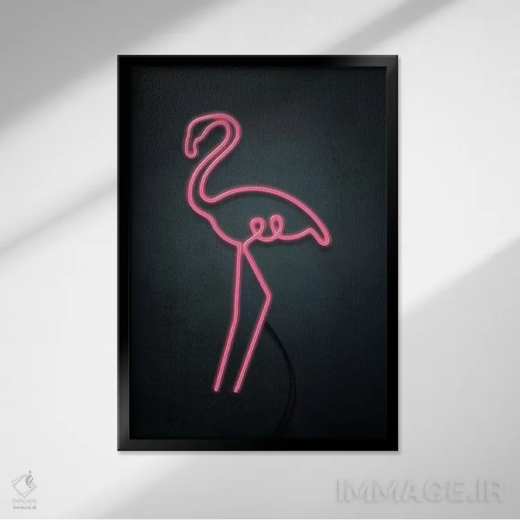 تابلو دکوراتیو فلامینگوی نئونی اثر امانوئلا کاراتونی - نمای قابدار مشکی