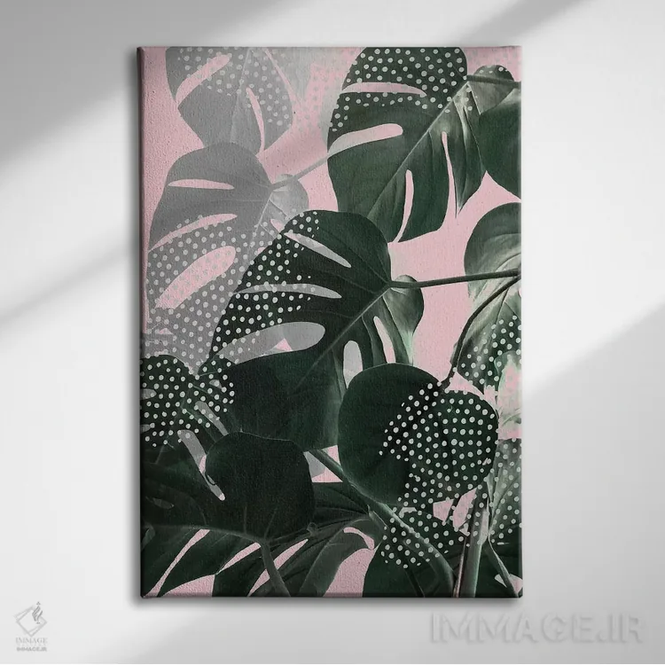 تابلو دکوراتیو برگ های مونسترا روی زمینه صورتی اثر امانوئلا کاراتونی - نمای روبهرو روی دیوار
