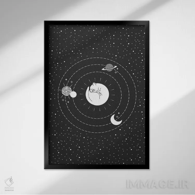 تابلو دکوراتیو گربه فضایی اثر امانوئلا کاراتونی - نمای قابدار مشکی