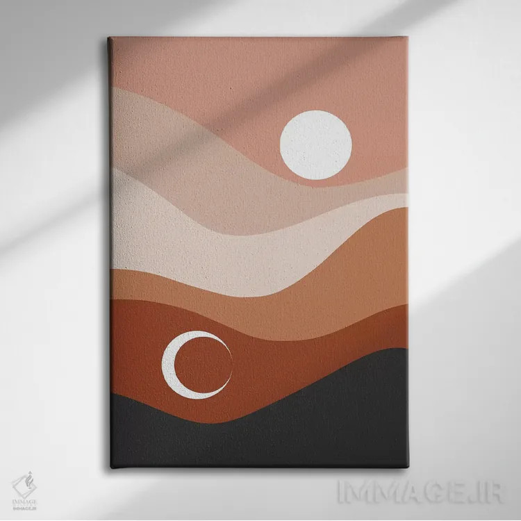 تابلو انتزاعی منظره ماه و خورشید اثر امانوئلا کاراتونی - نمای روبهرو روی دیوار