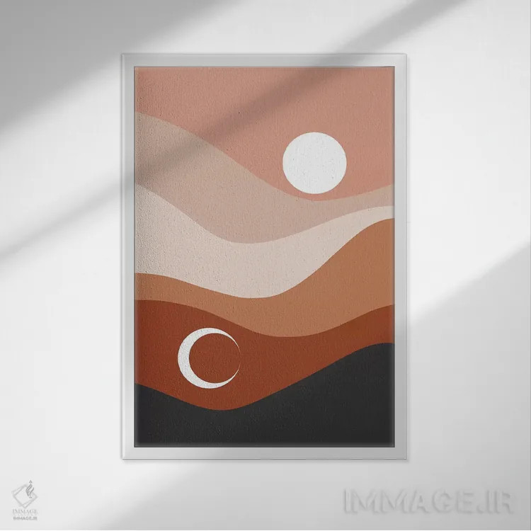 تابلو انتزاعی منظره ماه و خورشید اثر امانوئلا کاراتونی - نمای قابدار سفید