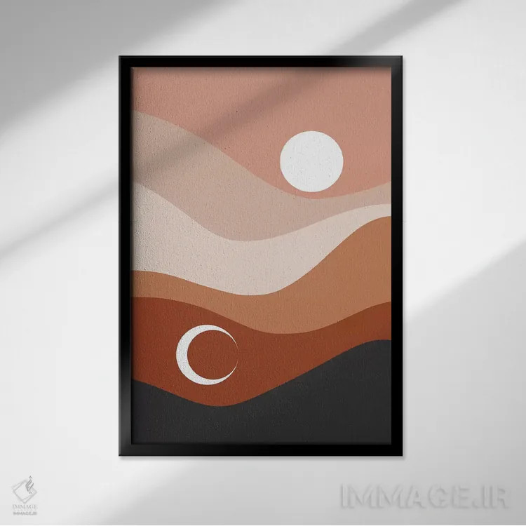 تابلو انتزاعی منظره ماه و خورشید اثر امانوئلا کاراتونی - نمای قابدار مشکی