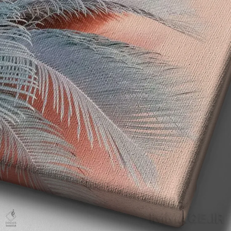 تابلو مدرن نخل های آبی روی زمینه صورتی اثر امانوئلا کاراتونی - نمای نزدیک بافت بوم