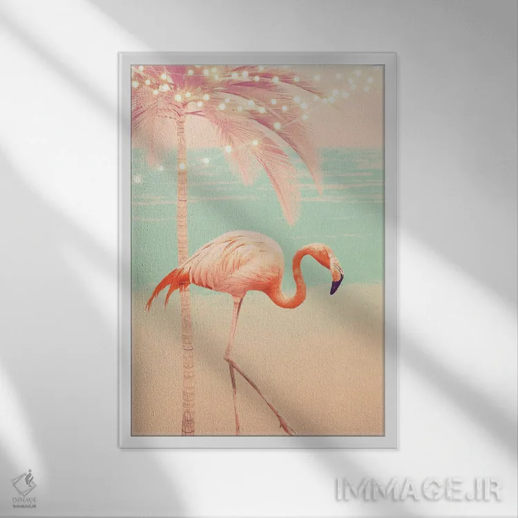 تابلو دکوراتیو فلامینگوی صورتی در ساحل اثر امانوئلا کاراتونی - نمای قابدار سفید