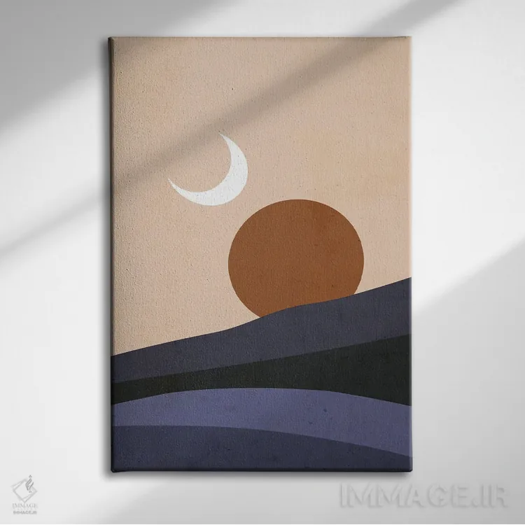 تابلو مینیمال ماه و خورشید در غروب اثر امانوئلا کاراتونی - نمای روبهرو روی دیوار