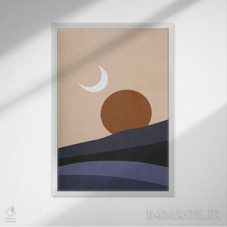 تابلو مینیمال ماه و خورشید در غروب اثر امانوئلا کاراتونی - نمای قابدار سفید