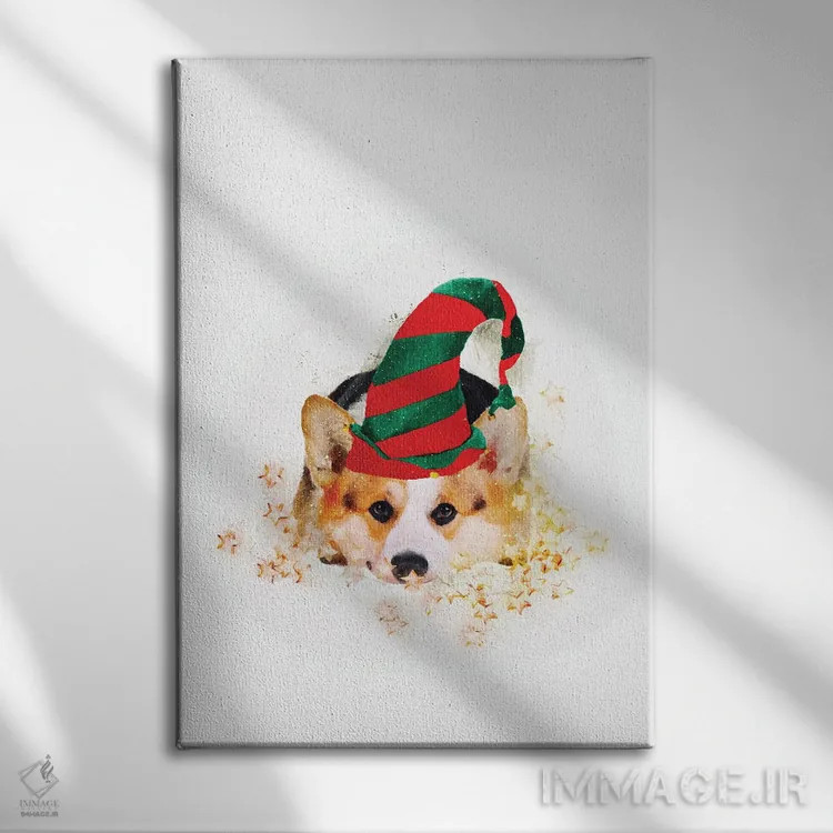 تابلو دکوراتیو کورگی دستیار بابا نوئل کوچک اثر امانوئلا کاراتونی - نمای روبهرو روی دیوار