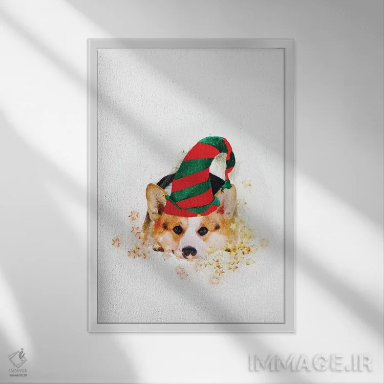 تابلو دکوراتیو کورگی دستیار بابا نوئل کوچک اثر امانوئلا کاراتونی - نمای قابدار سفید