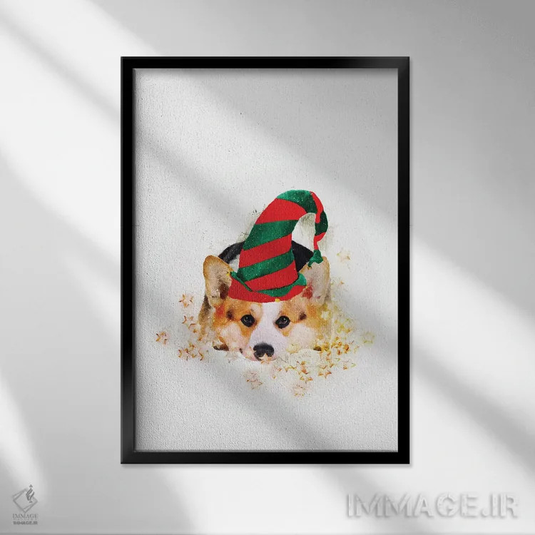 تابلو دکوراتیو کورگی دستیار بابا نوئل کوچک اثر امانوئلا کاراتونی - نمای قابدار مشکی