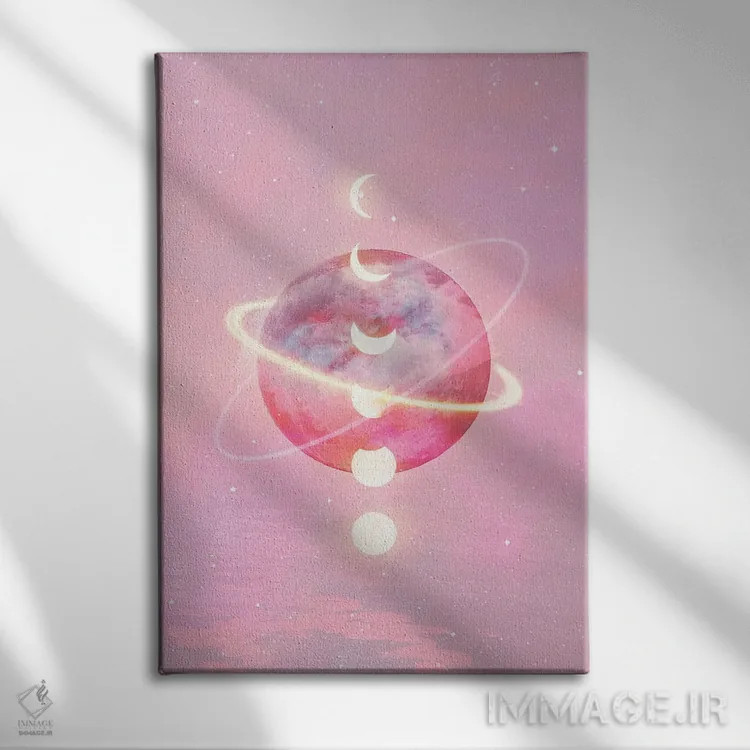 تابلو مدرن ماه و سیاره صورتی اثر امانوئلا کاراتونی - نمای روبهرو روی دیوار