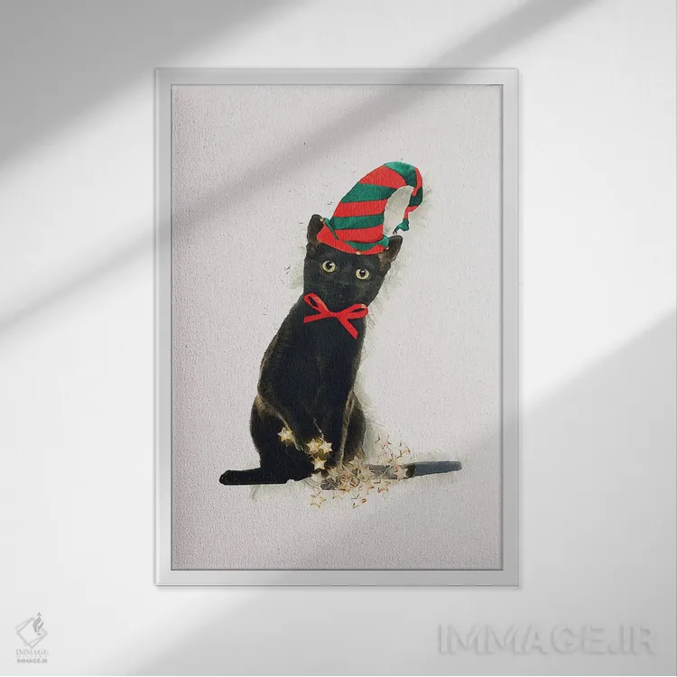 تابلو دکوراتیو گربه کوچک دستیار بابا نوئل اثر امانوئلا کاراتونی - نمای قابدار سفید