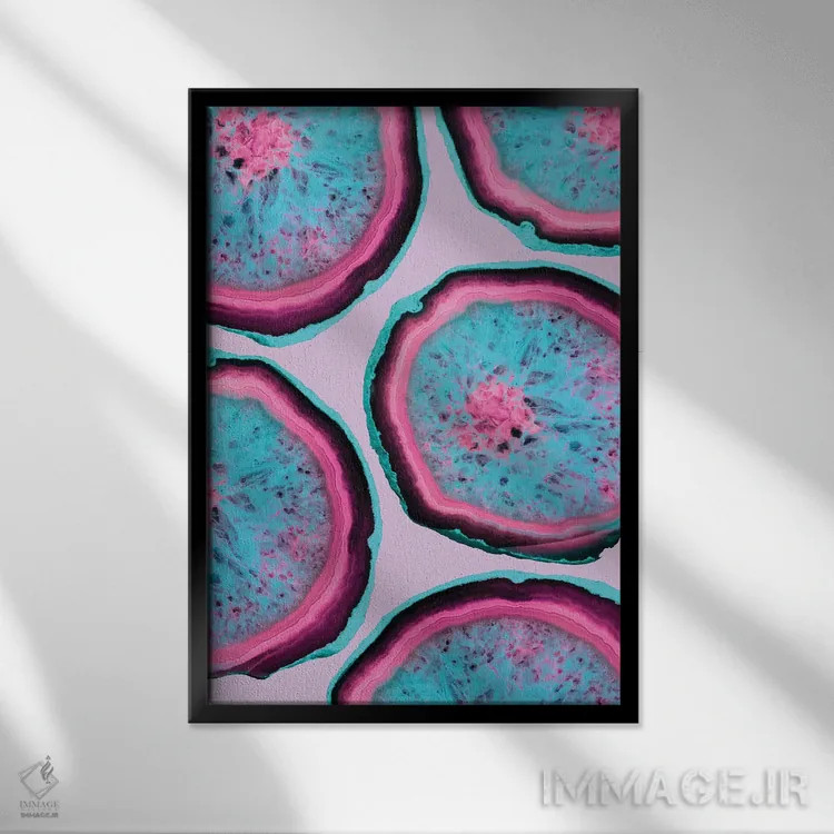 تابلو انتزاعی عقیق های فلورسنتی اثر امانوئلا کاراتونی - نمای قابدار مشکی