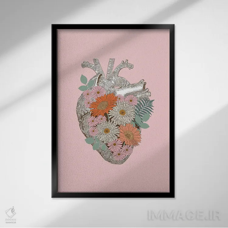 تابلو دکوراتیو قلب گل دار کلاسیک اثر امانوئلا کاراتونی - نمای قابدار مشکی