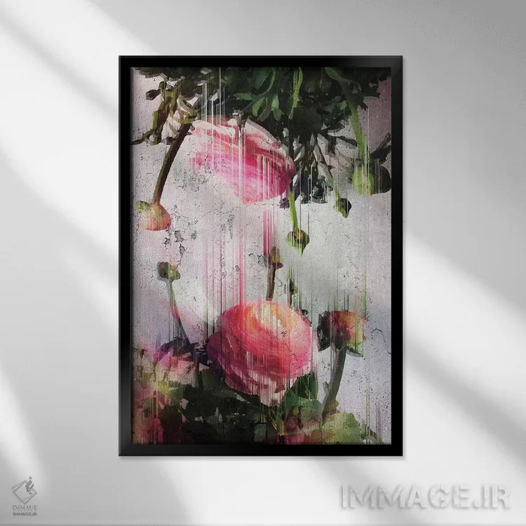 تابلو مدرن گل های کره ای دچار اختلال اثر امانوئلا کاراتونی - نمای قابدار مشکی